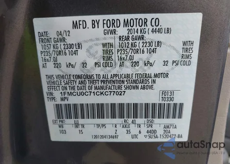 2012 Ford Escape Xls z USA, uszkodzony, nr VIN 1FMCU0C71CKC77027